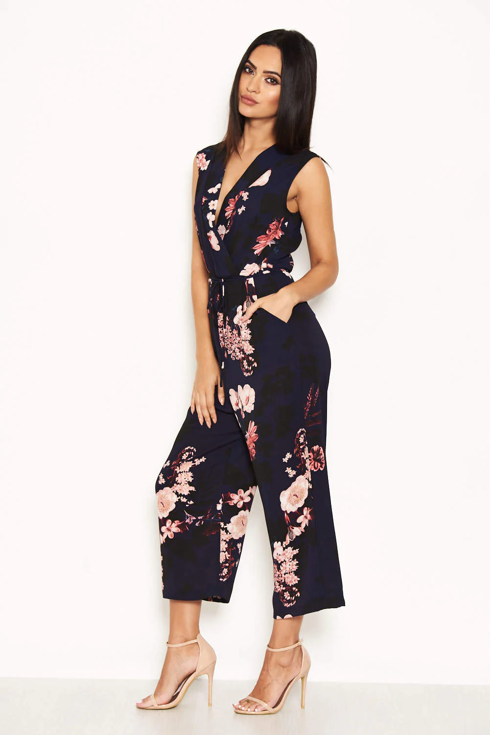 Navy Floral Culotte Jumpsuit With V Neck - Image 2
