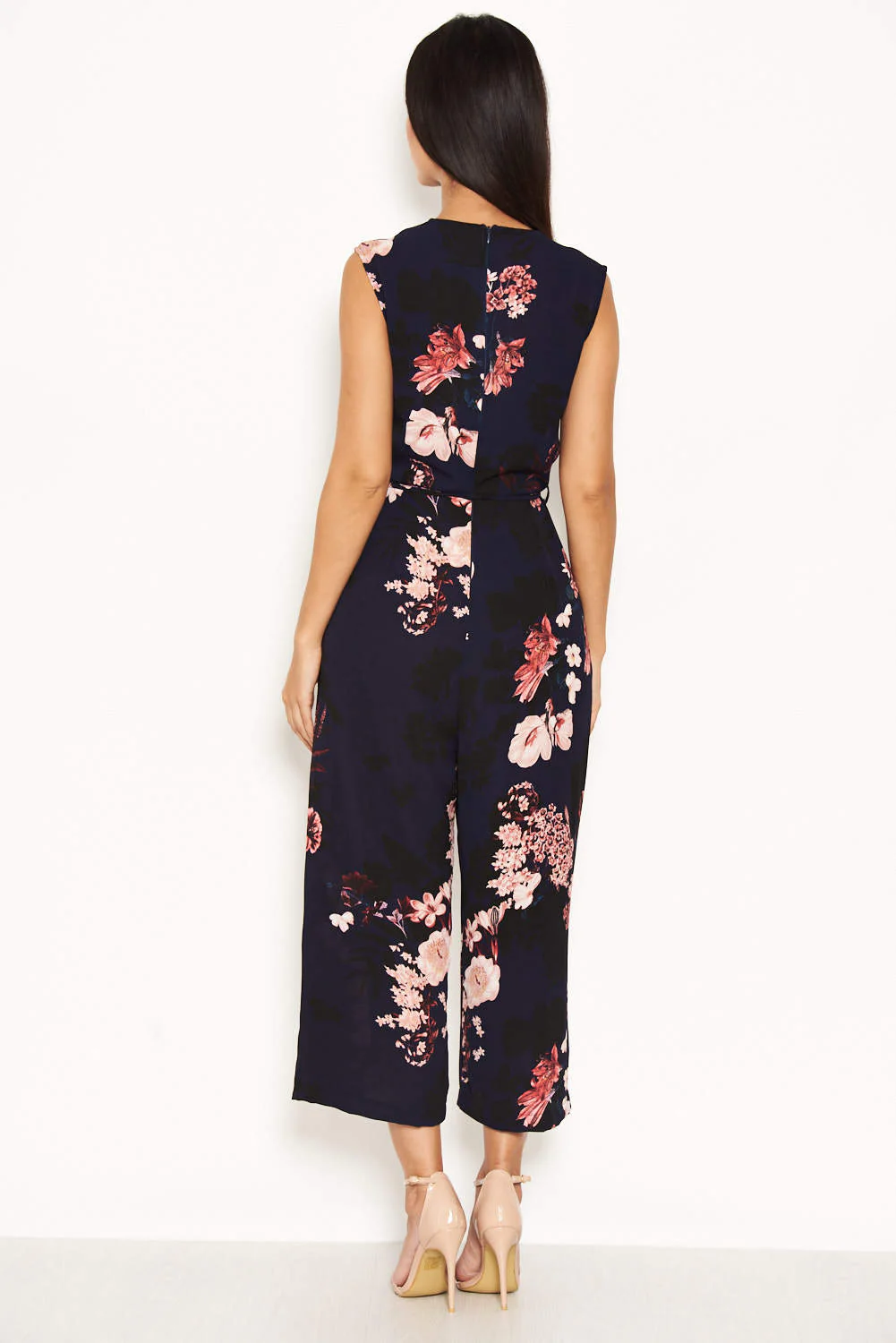 Navy Floral Culotte Jumpsuit With V Neck - Image 3