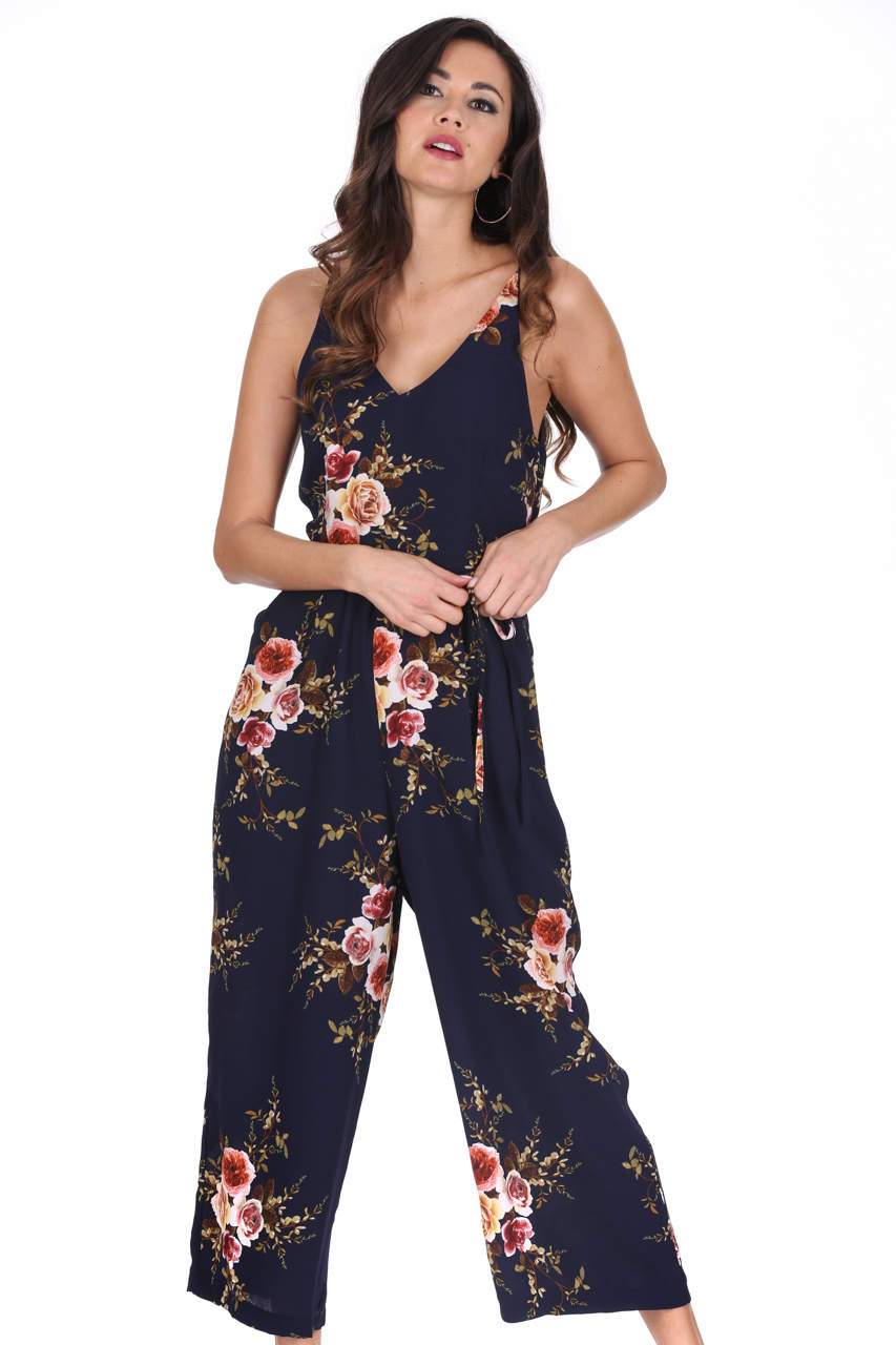 Navy Floral Culotte V Neck Jumpsuit - Image 2