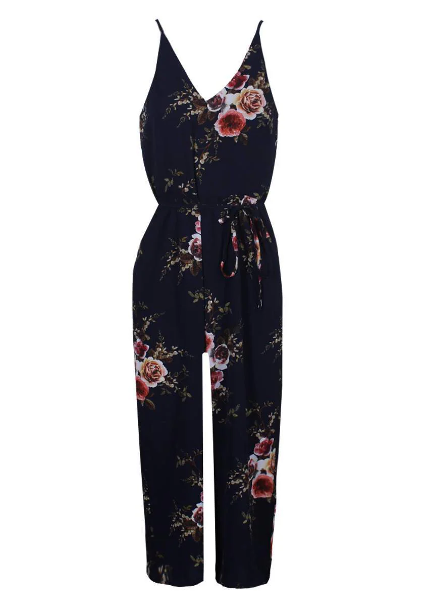 Navy Floral Culotte V Neck Jumpsuit - Image 4