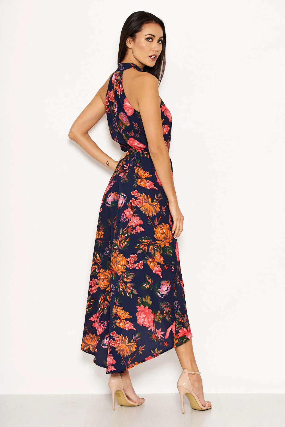 Navy Floral Cut in Neck Wrap Dress - Image 4