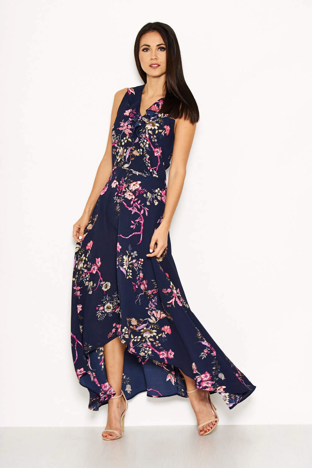 Navy Floral Dip Hem Dress - Image 2