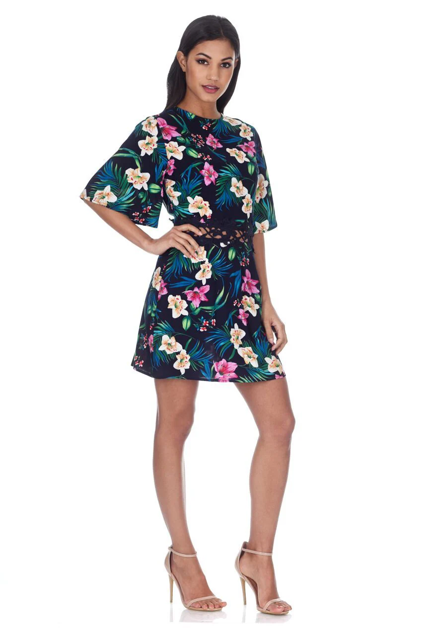 Navy Floral Dress With Crochet Waist Band - Image 2