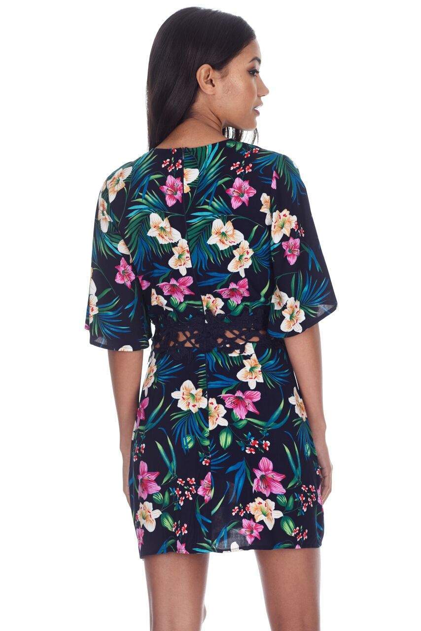 Navy Floral Dress With Crochet Waist Band - Image 3