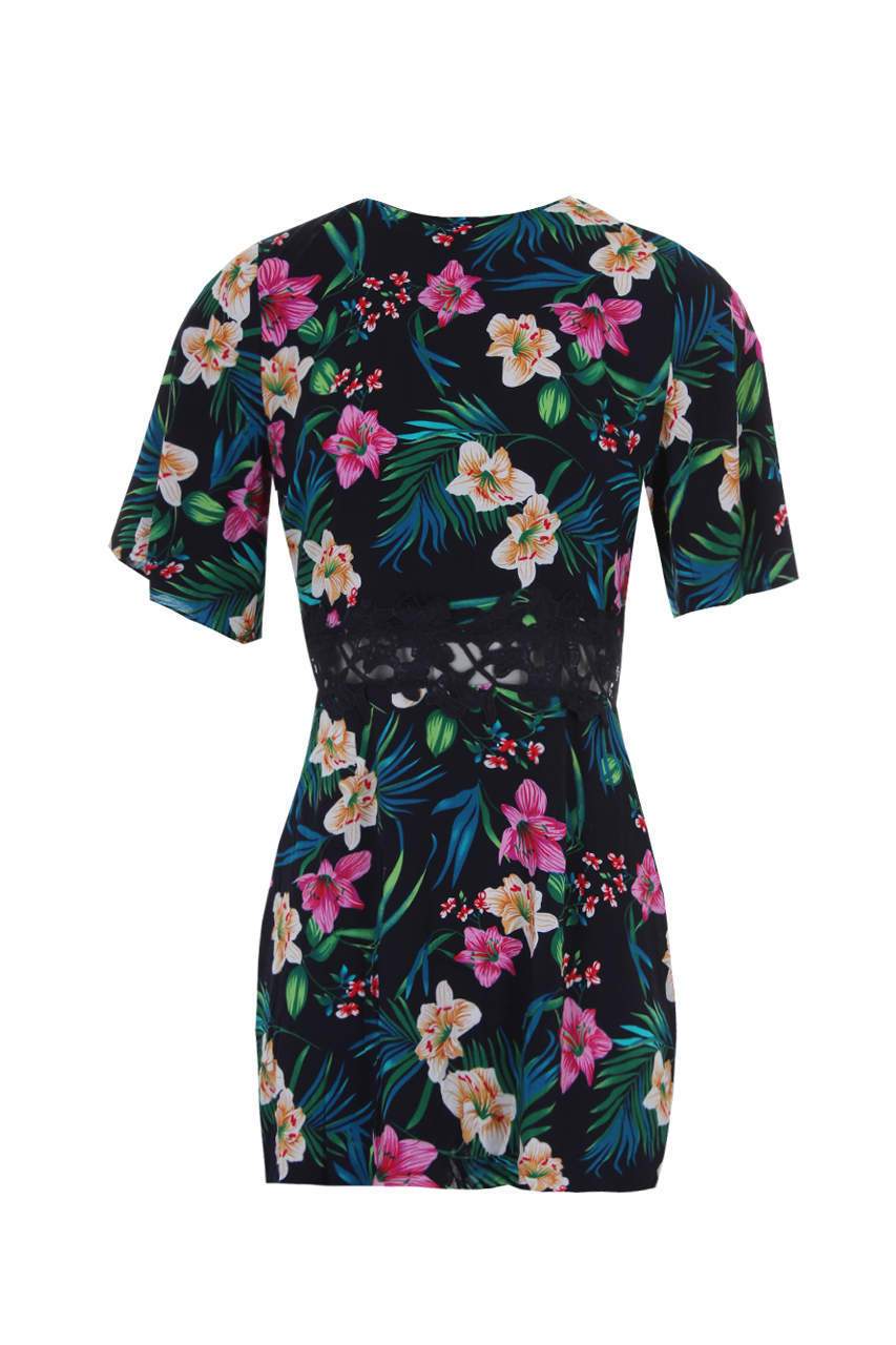 Navy Floral Dress With Crochet Waist Band - Image 4