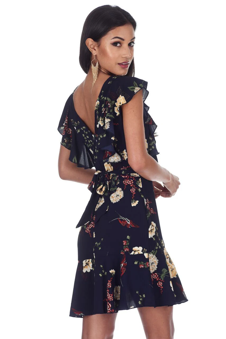 Navy Floral Dress With Frill Detail - Image 3