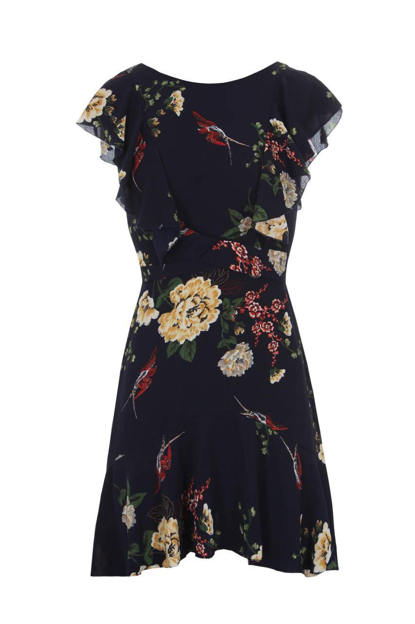 Navy Floral Dress With Frill Detail - Image 4