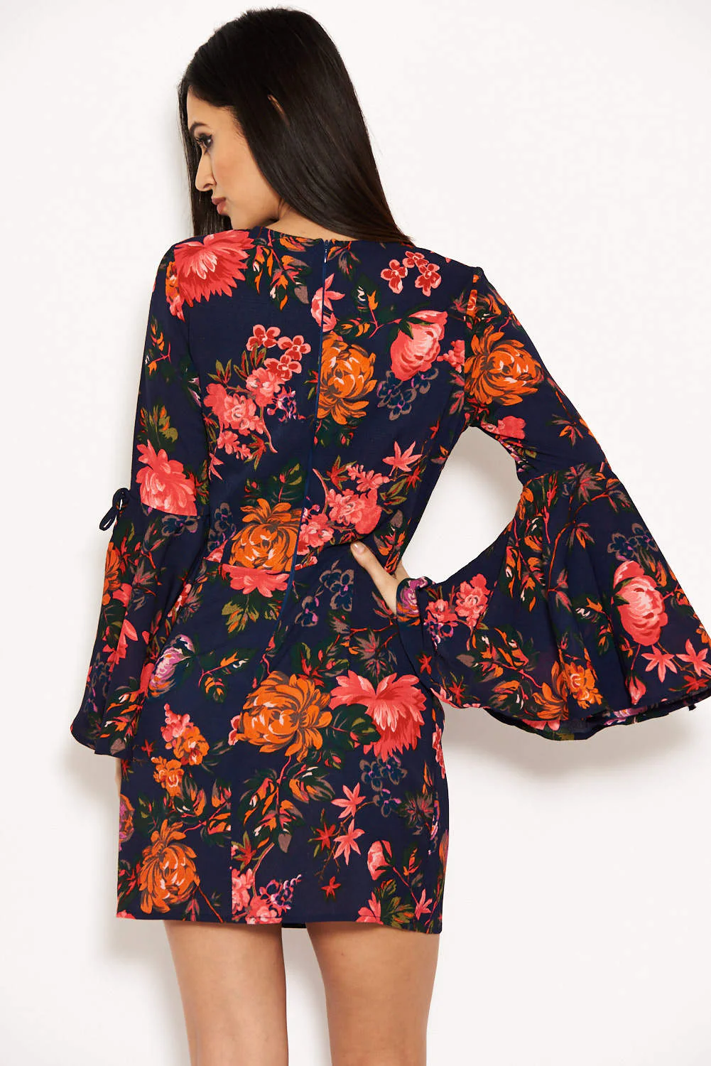 Navy Floral Dress With Statement Sleeves - Image 3