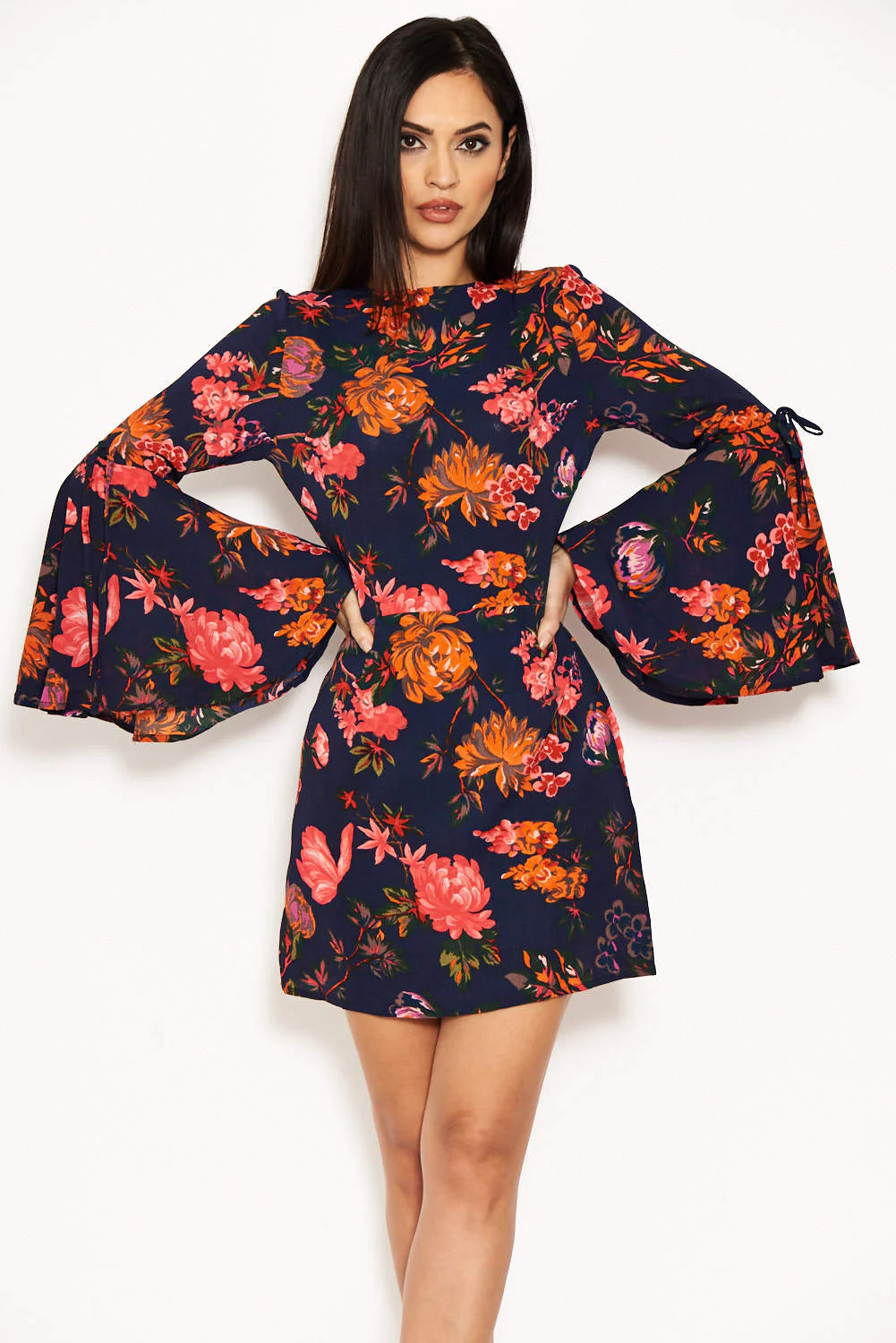 Navy Floral Dress With Statement Sleeves - Image 4