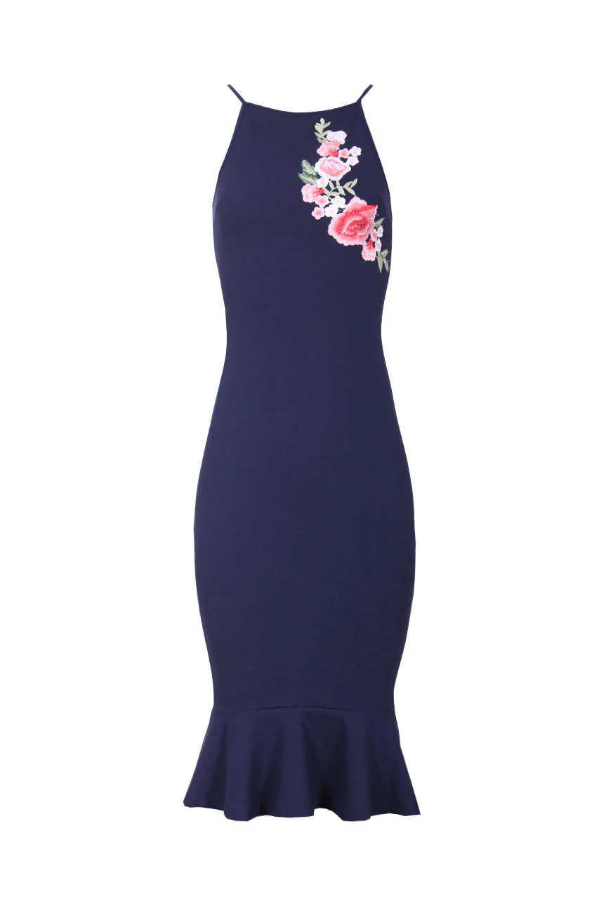 Navy Floral Embroidered Midi Dress - Image 4