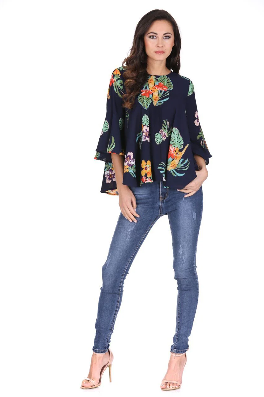 Navy Floral Flared Sleeve Top - Image 2