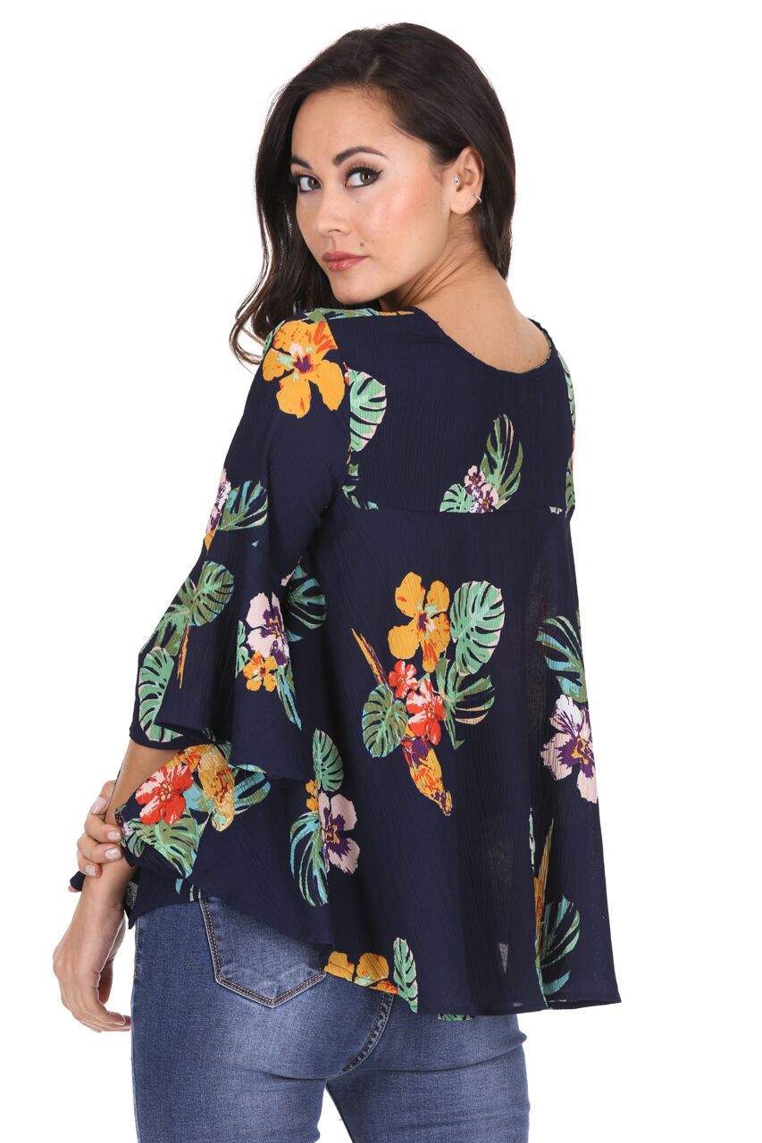 Navy Floral Flared Sleeve Top - Image 3