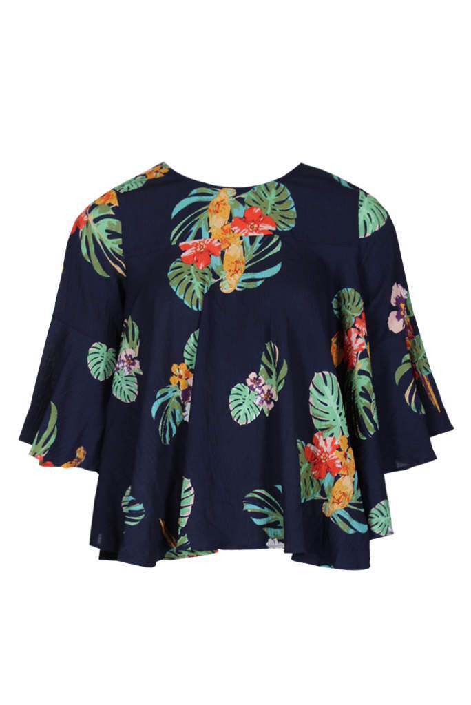 Navy Floral Flared Sleeve Top - Image 4
