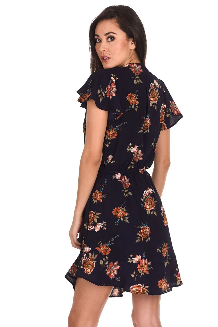 Navy Floral Frill Detail Dress - Image 2