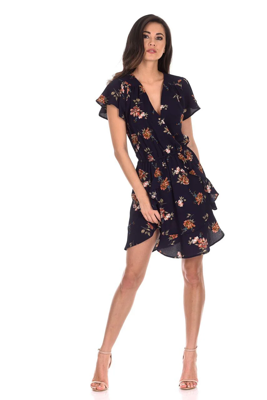 Navy Floral Frill Detail Dress - Image 3