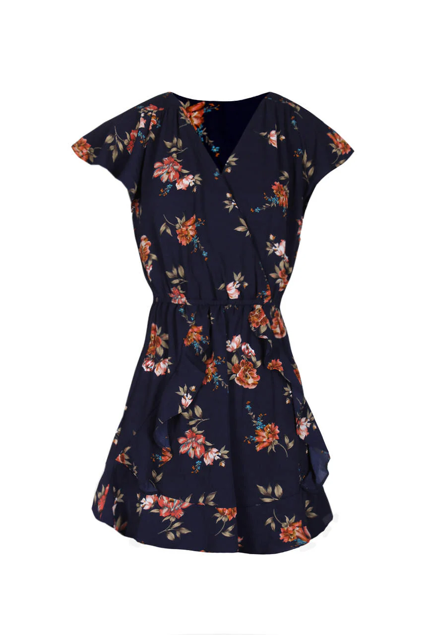 Navy Floral Frill Detail Dress - Image 4