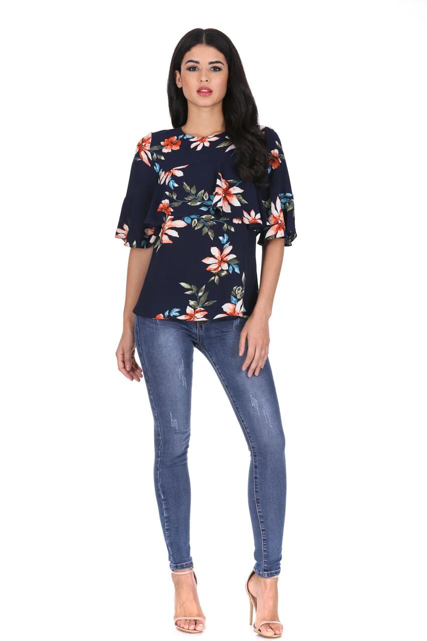 Navy Floral Frill Detail Top - Image 2