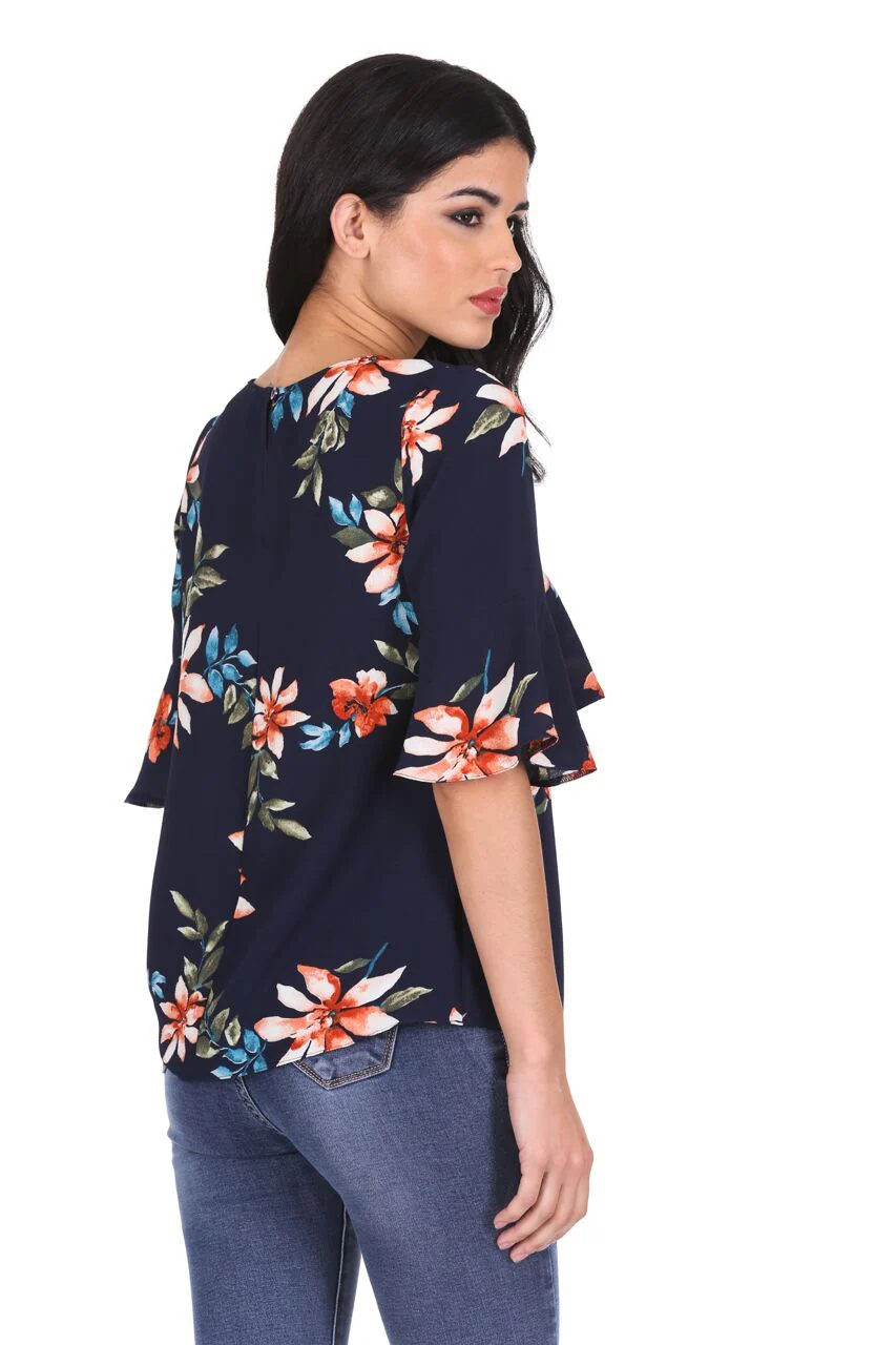 Navy Floral Frill Detail Top - Image 3