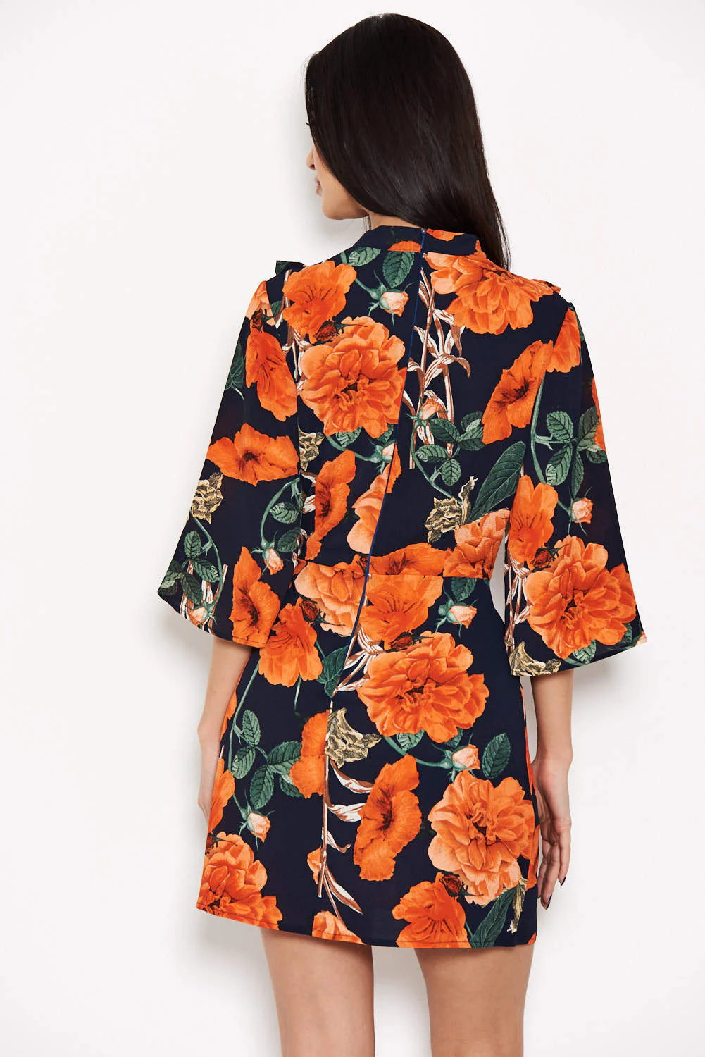 Navy Floral Frill Front Dress - Image 4
