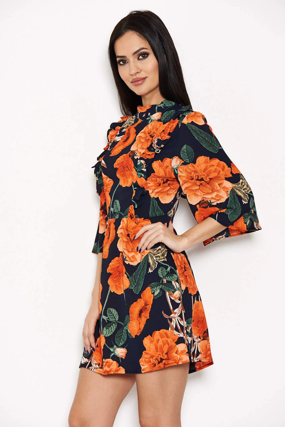 Navy Floral Frill Front Dress - Image 5