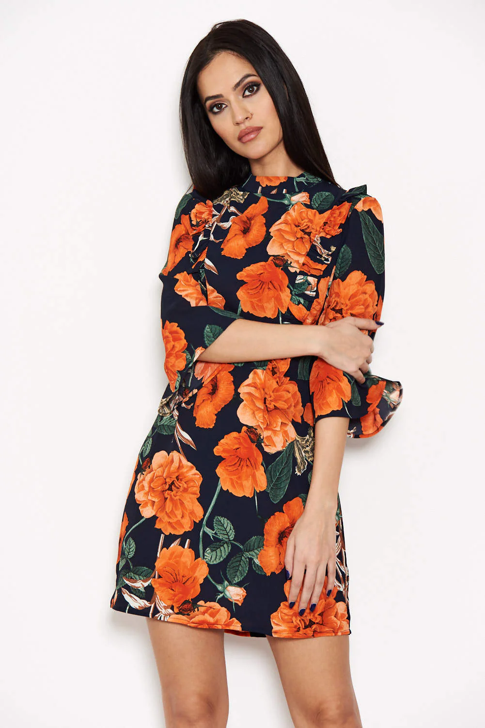 Navy Floral Frill Front Dress - Image 6