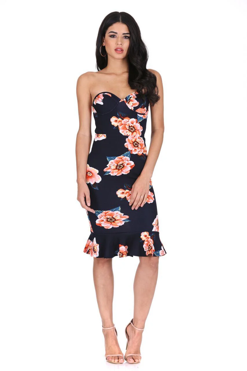 Navy Floral Frill Hem Bandeau Dress - Image 2
