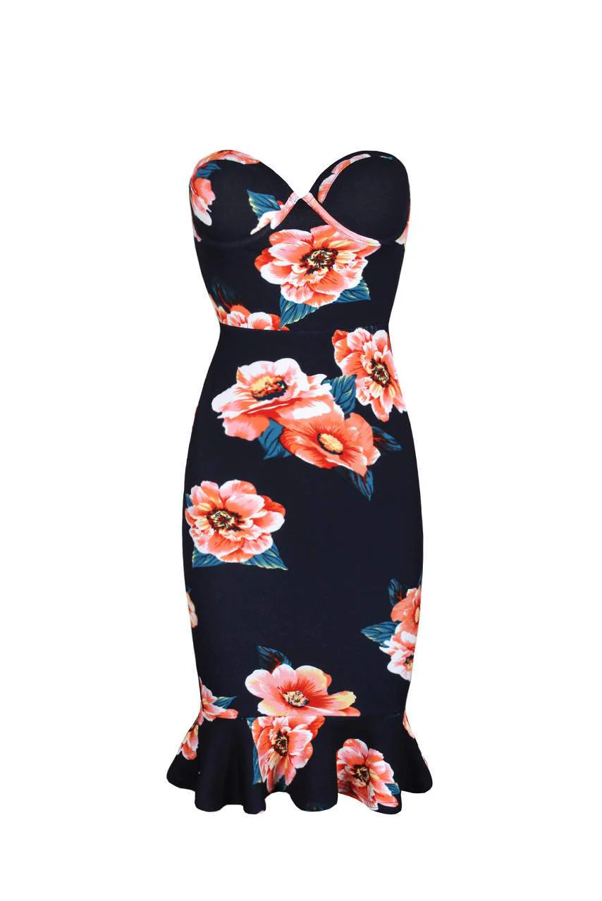 Navy Floral Frill Hem Bandeau Dress - Image 4