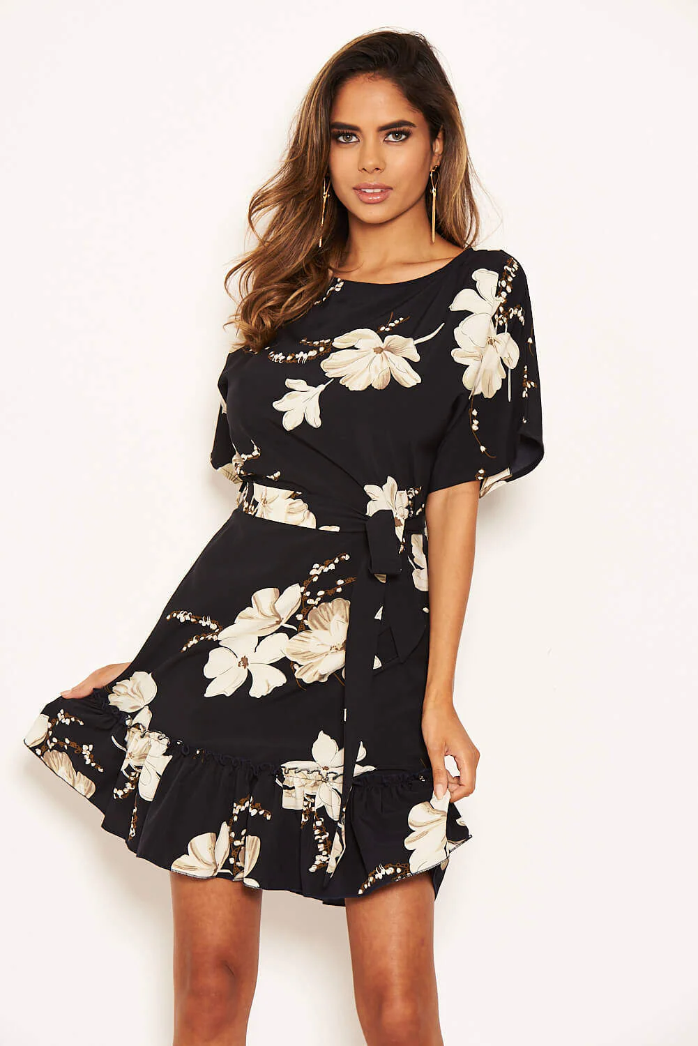 Navy Floral Frill Hem Dress - Image 3