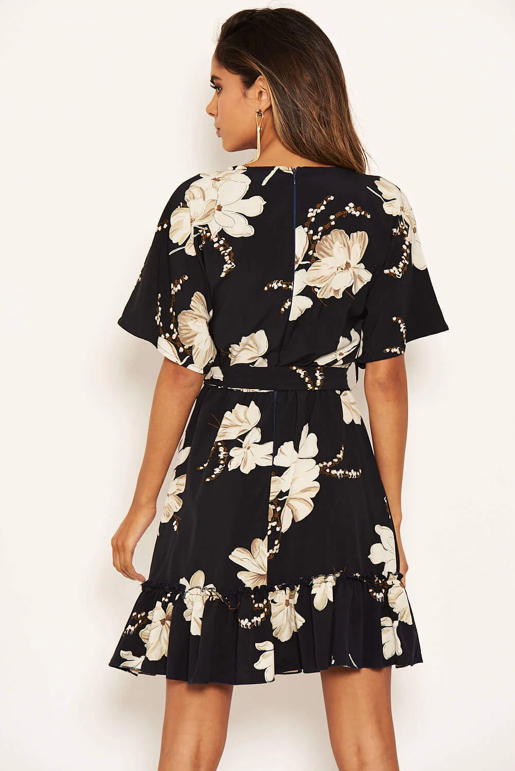 Navy Floral Frill Hem Dress - Image 5