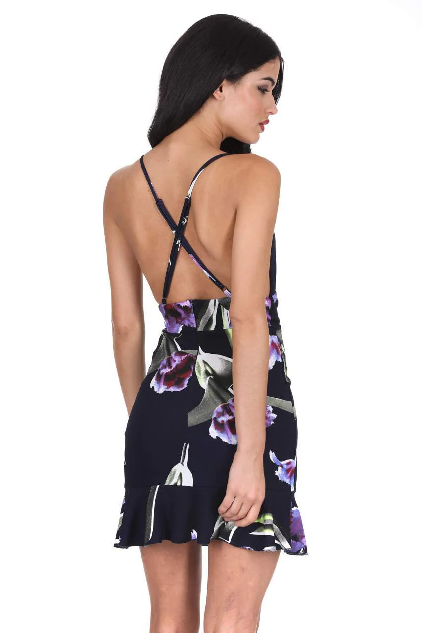 Navy Floral Frill Hem Mini Dress - Image 3
