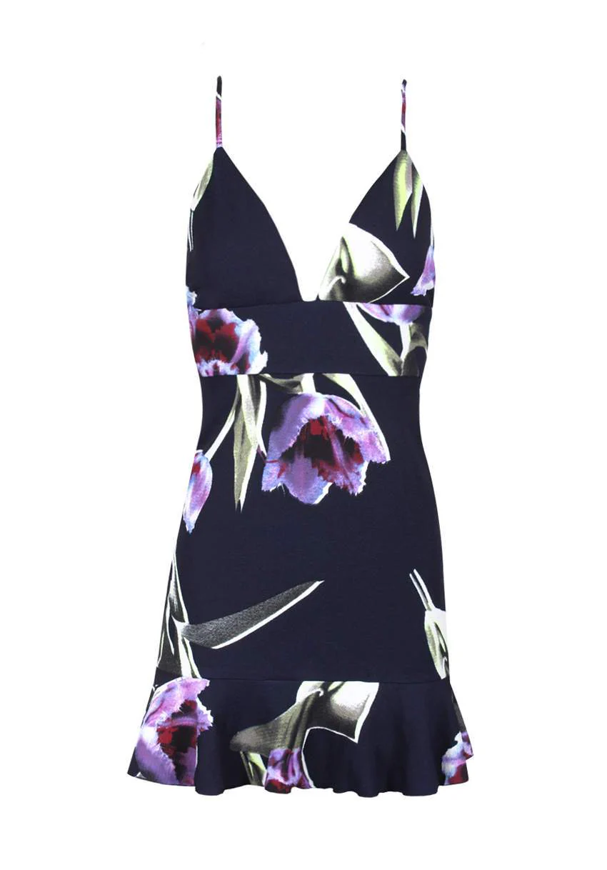 Navy Floral Frill Hem Mini Dress - Image 4