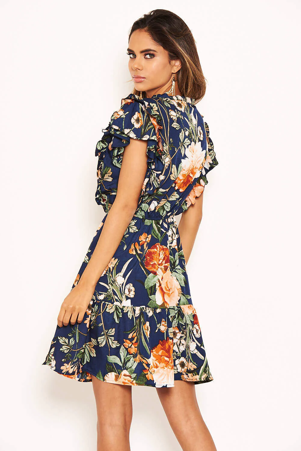 Navy Floral Frill Skater Dress - Image 5