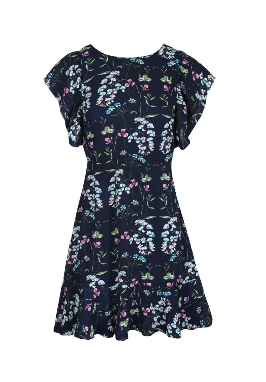 Navy Floral Frill Sleeve Dress - Image 4