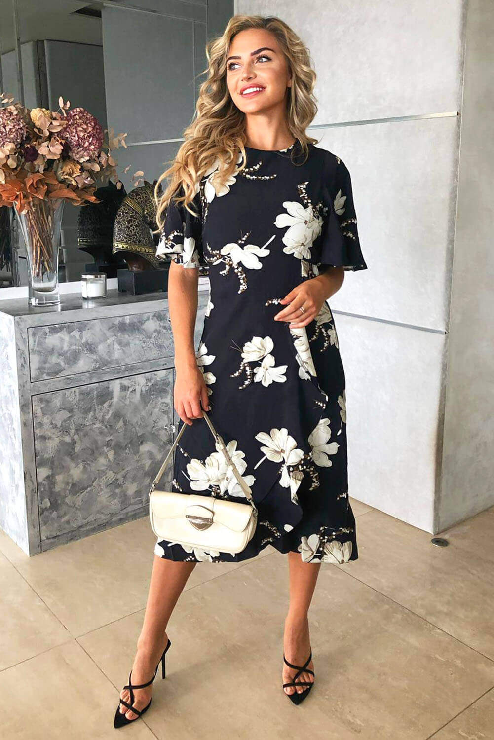 Navy Floral Gathered Frill Midi Dress - Image 2