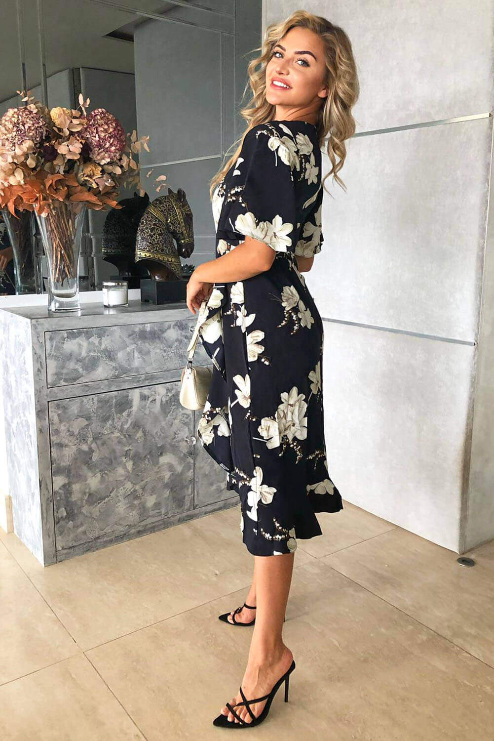 Navy Floral Gathered Frill Midi Dress - Image 3