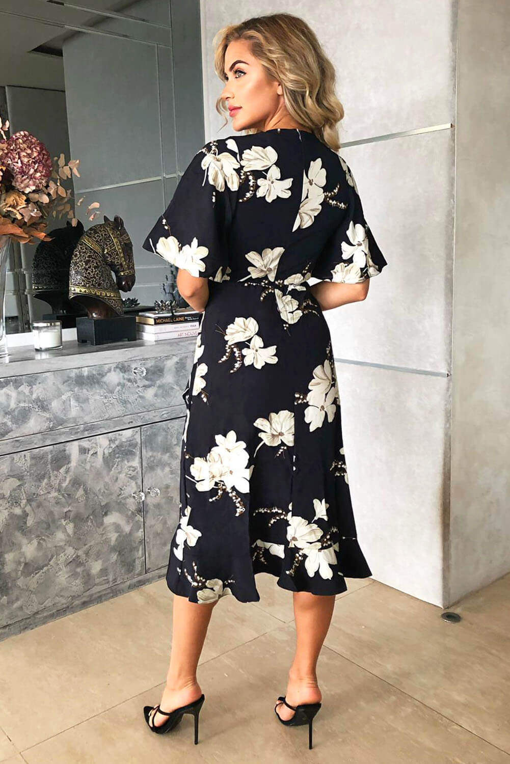 Navy Floral Gathered Frill Midi Dress - Image 4