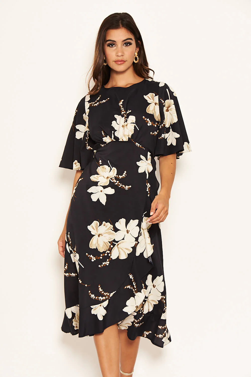 Navy Floral Gathered Frill Midi Dress - Image 5