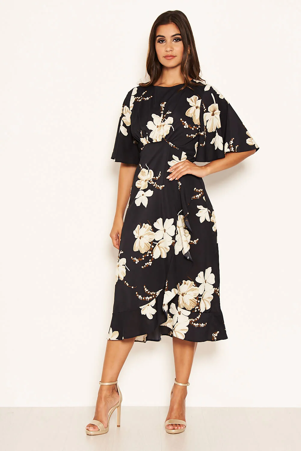 Navy Floral Gathered Frill Midi Dress - Image 6