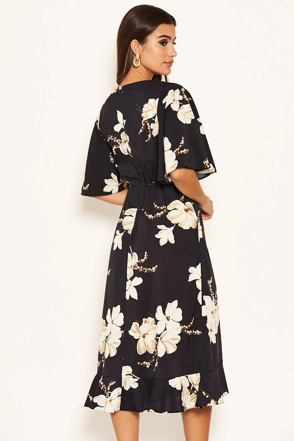 Navy Floral Gathered Frill Midi Dress - Image 7