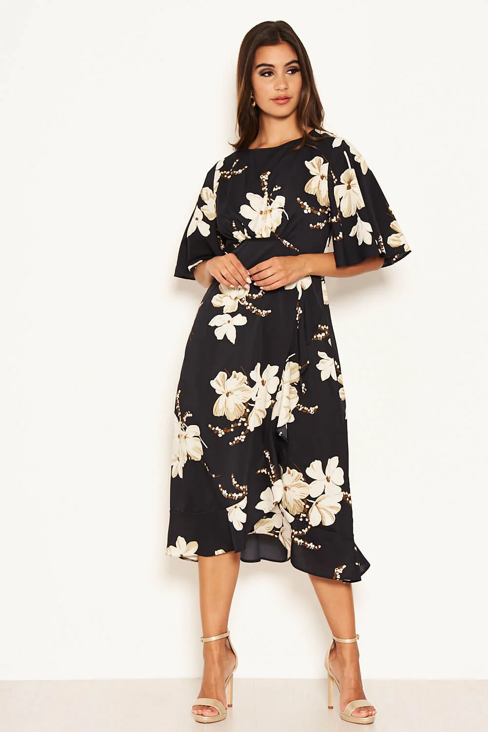 Navy Floral Gathered Frill Midi Dress - Image 8