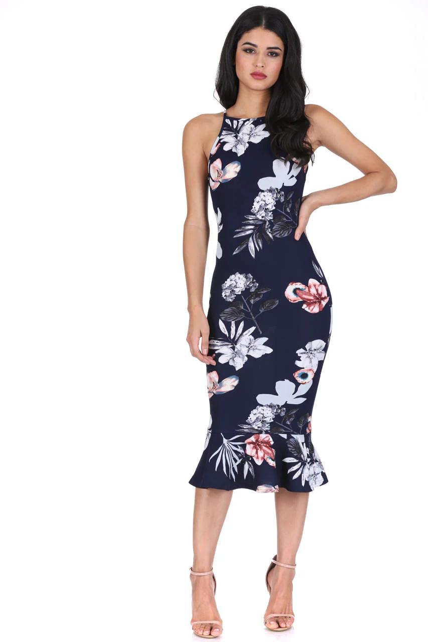 Navy Floral High Neck Fishtail Dress - Image 2