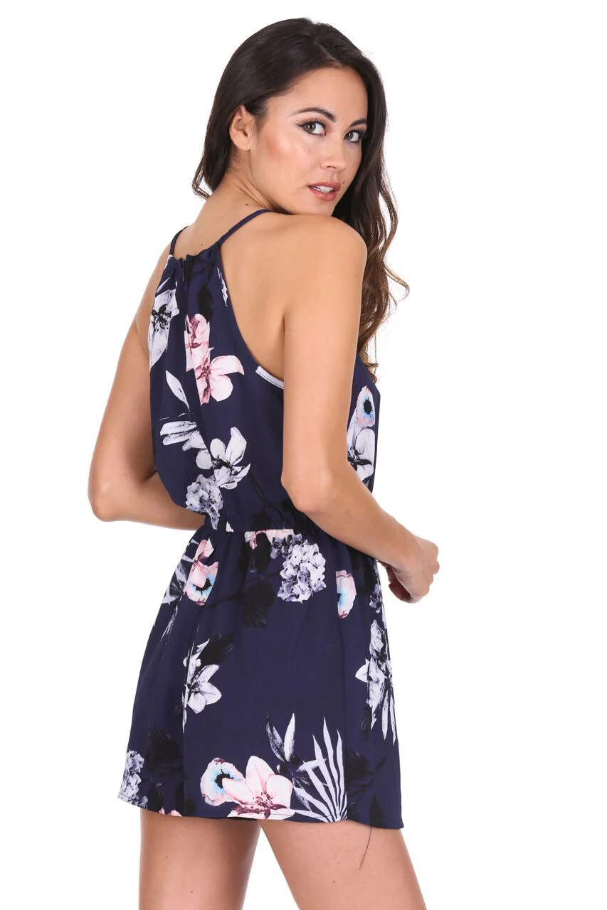 Navy Floral High Neck Strappy Playsuit - Image 3