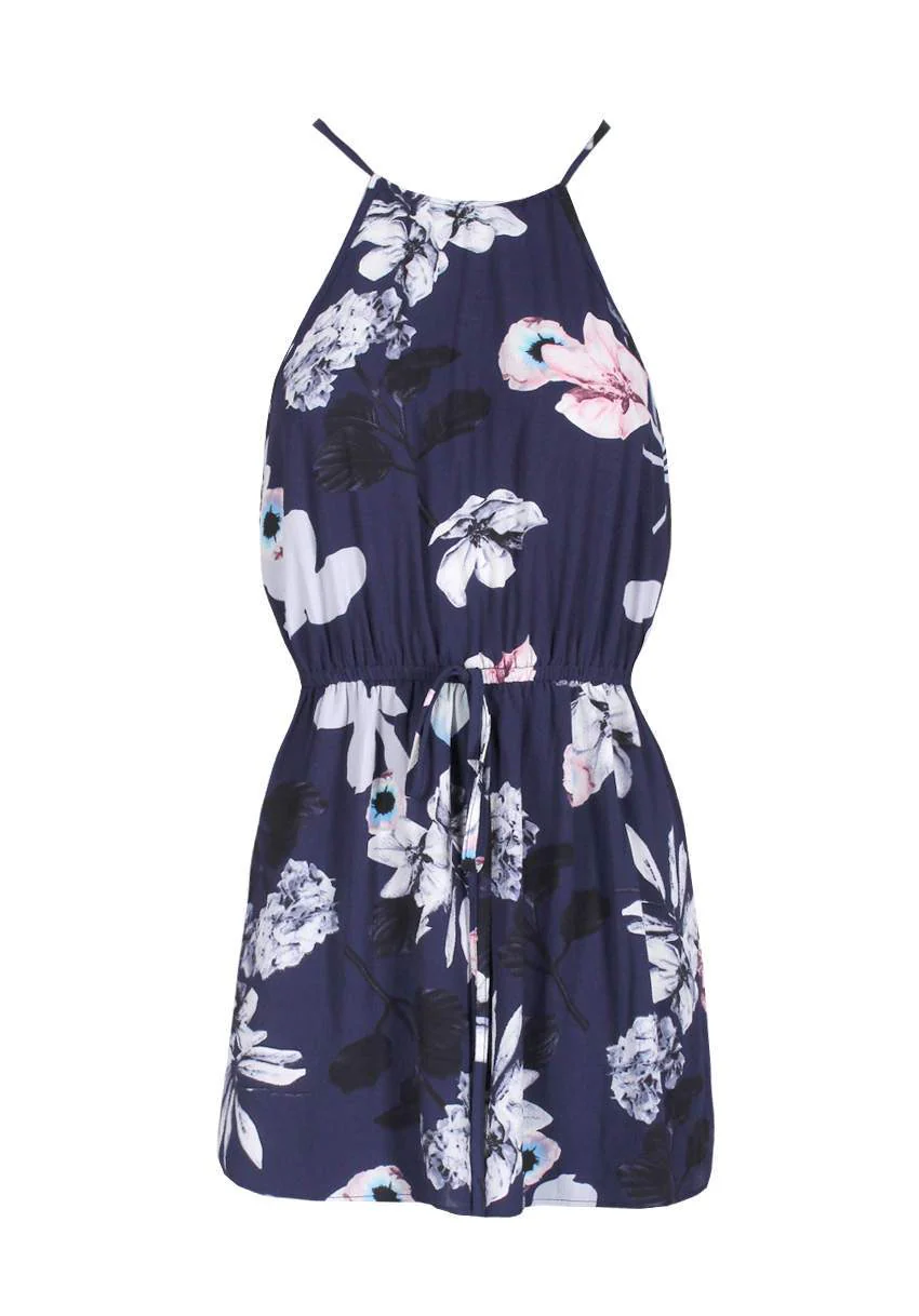 Navy Floral High Neck Strappy Playsuit - Image 4