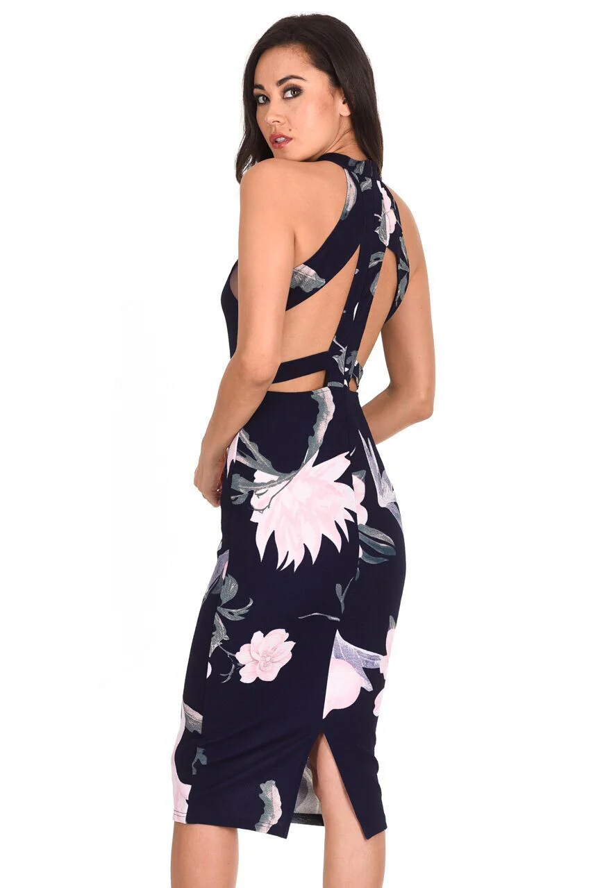 Navy Floral Mesh Detail Bodycon Midi Dress - Image 3