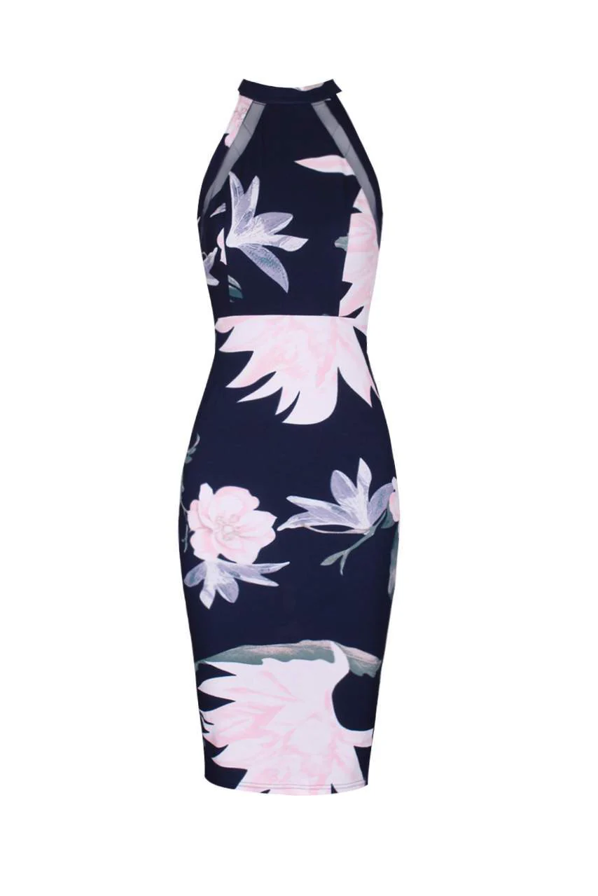 Navy Floral Mesh Detail Bodycon Midi Dress - Image 4