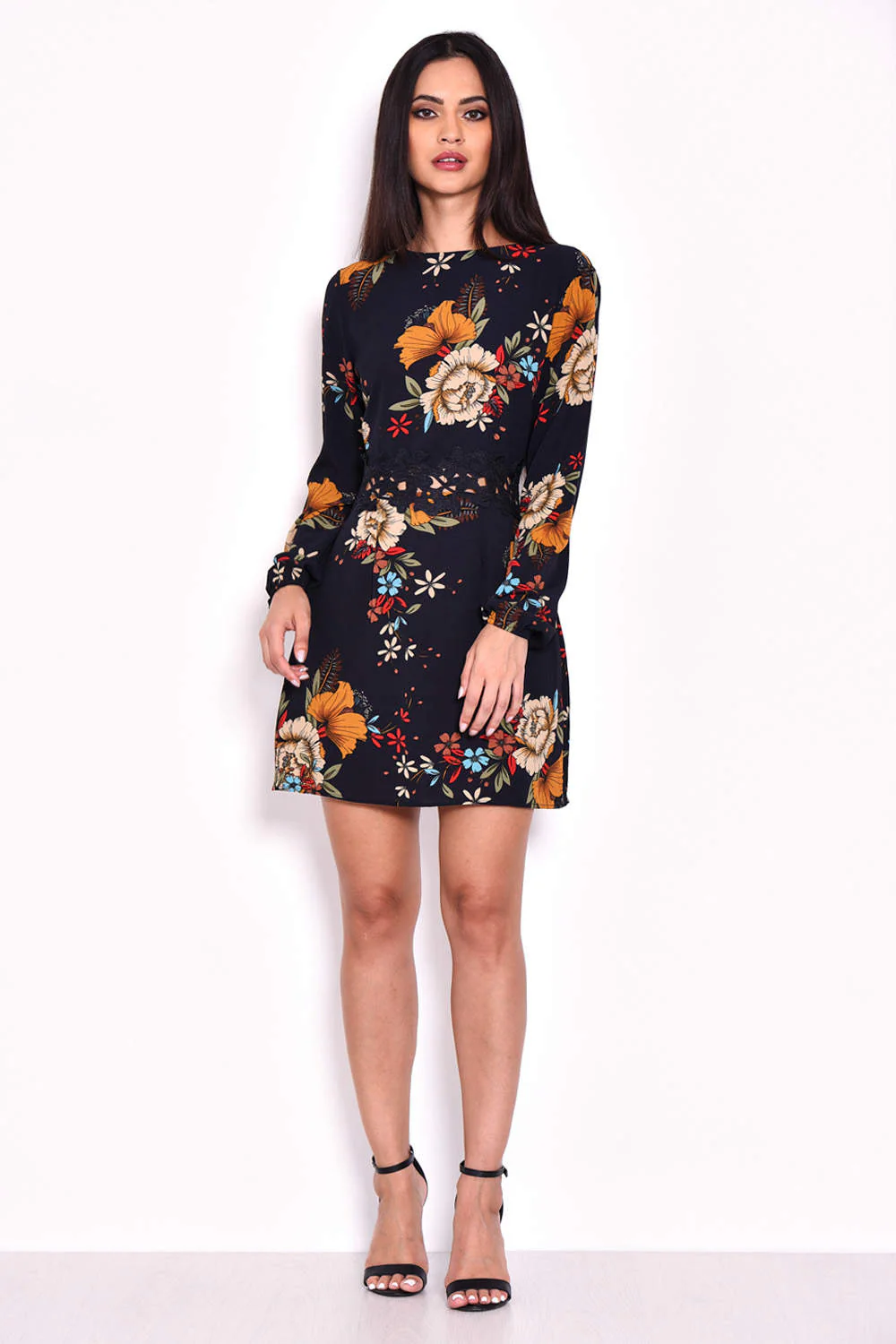 Navy Floral Mini Dress With Crochet Waist - Image 2