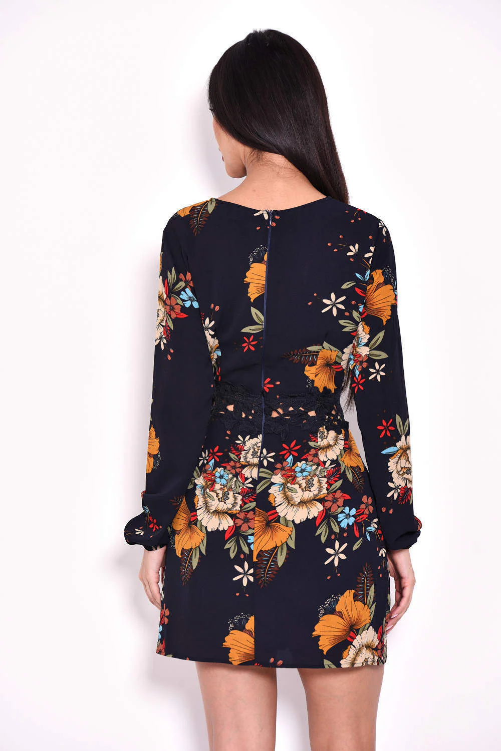 Navy Floral Mini Dress With Crochet Waist - Image 3