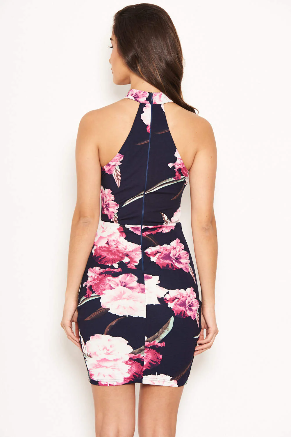 Navy Floral Mini Dress With Ruched Detail - Image 3