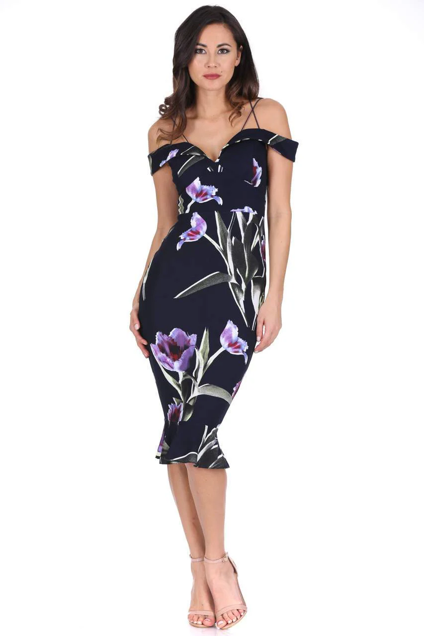 Navy Floral Off The Shoulder Midi Fishtail Dress - Image 2