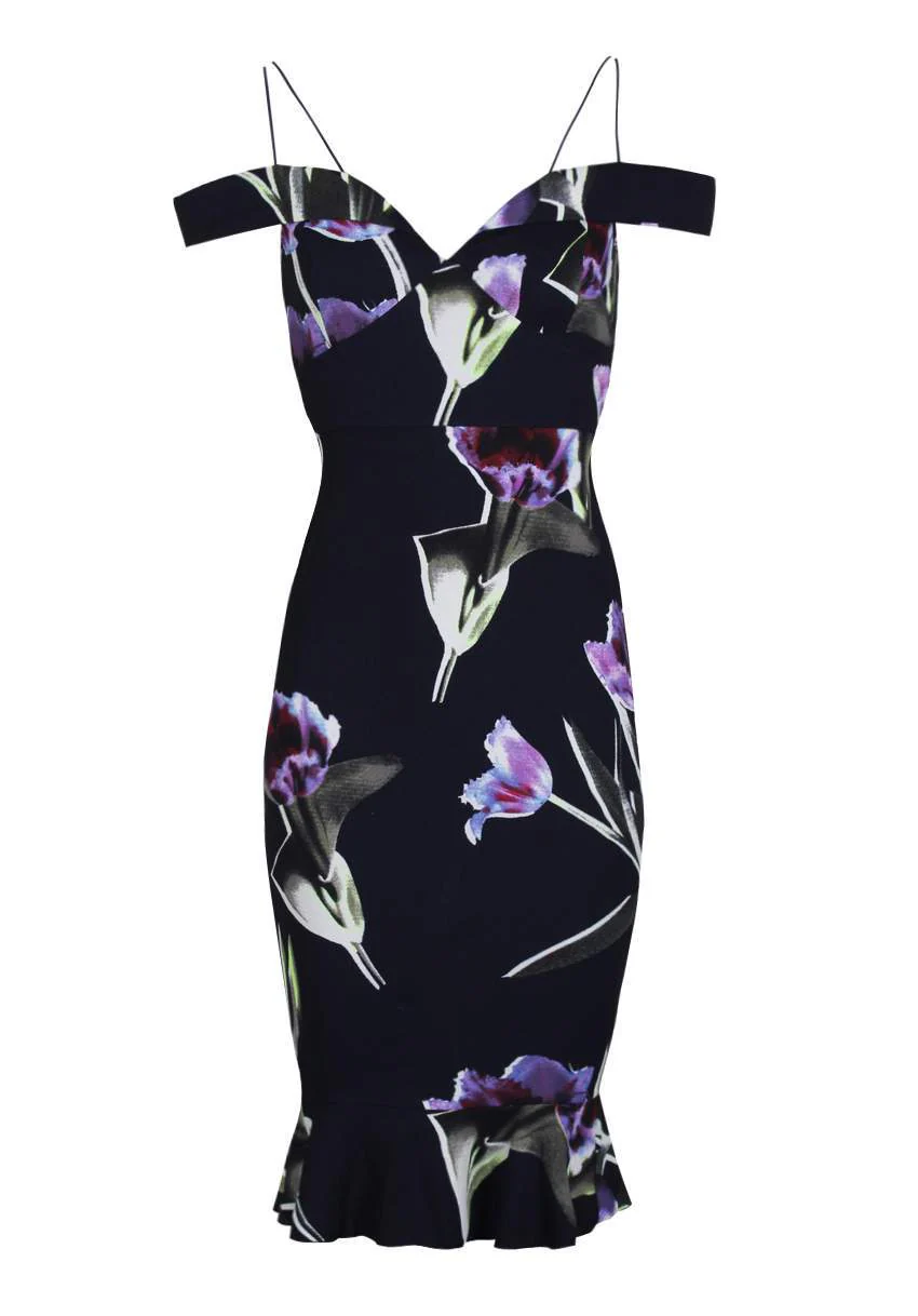 Navy Floral Off The Shoulder Midi Fishtail Dress - Image 4